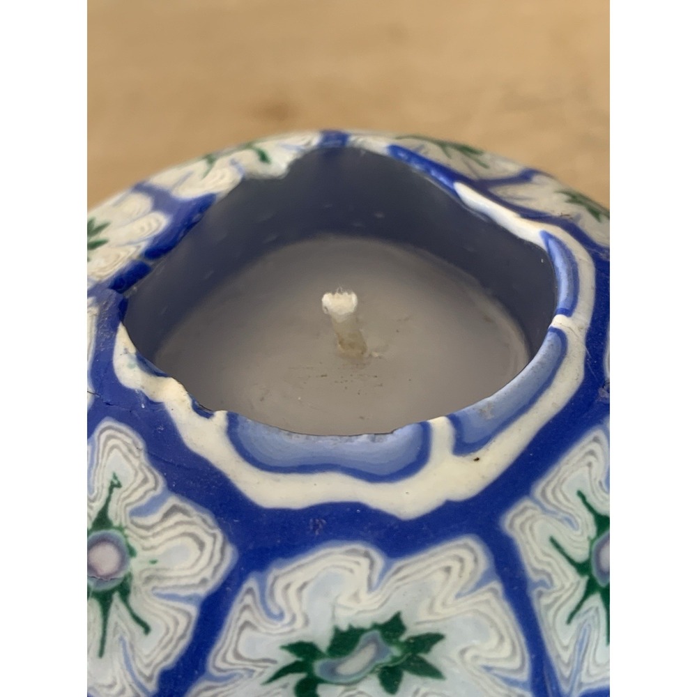 Millefiori Blue Floral Decorative Wax Ball Candle Single Wick Glow Vintage New - Picture 5 of 11